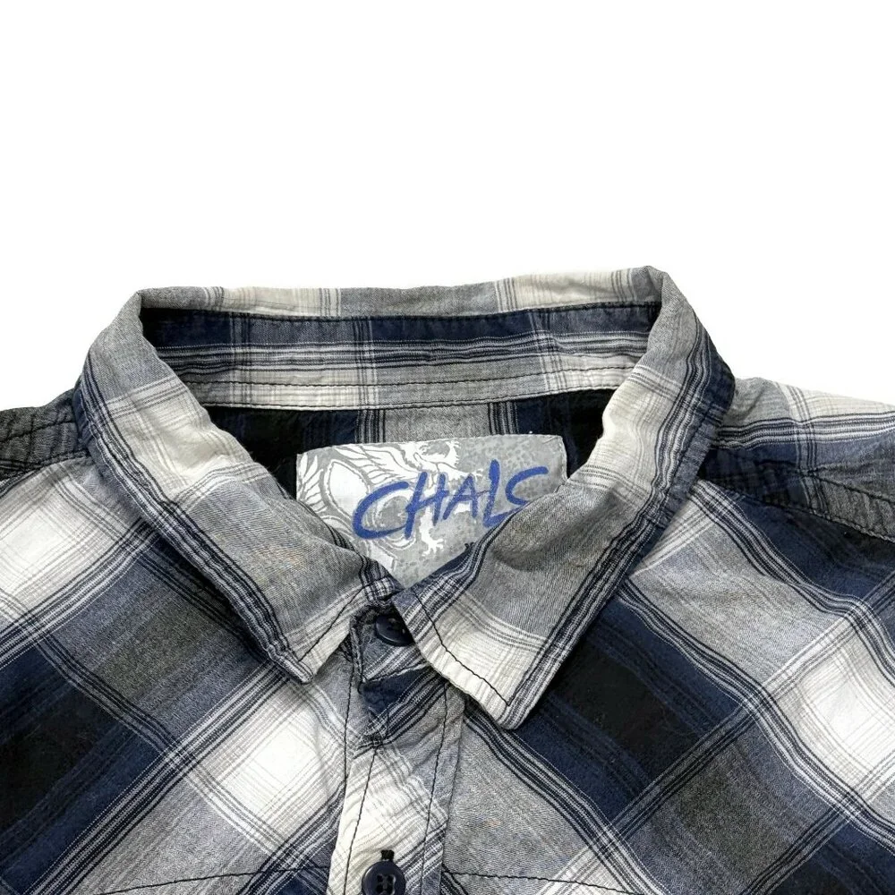 Chalc Western Button Up Shirt Mens XL Blue‎ Plaid Long Sleeve Cotton
